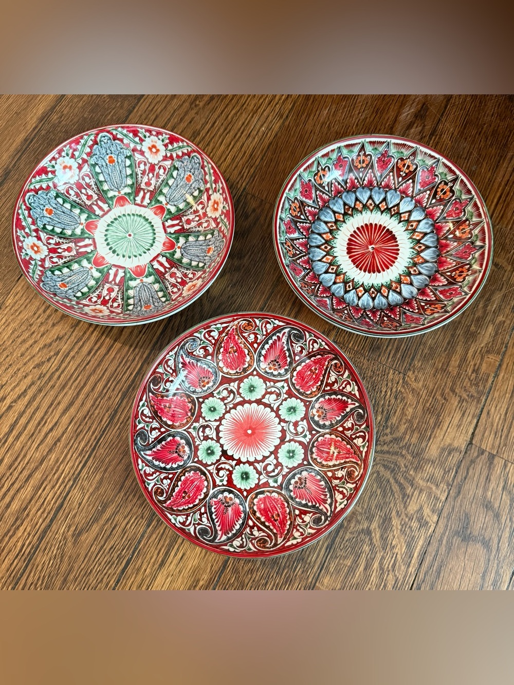 Pottery Barn Mezze 6.25” Bowls Set of 3 Red Paisley Geometric Mediterranean